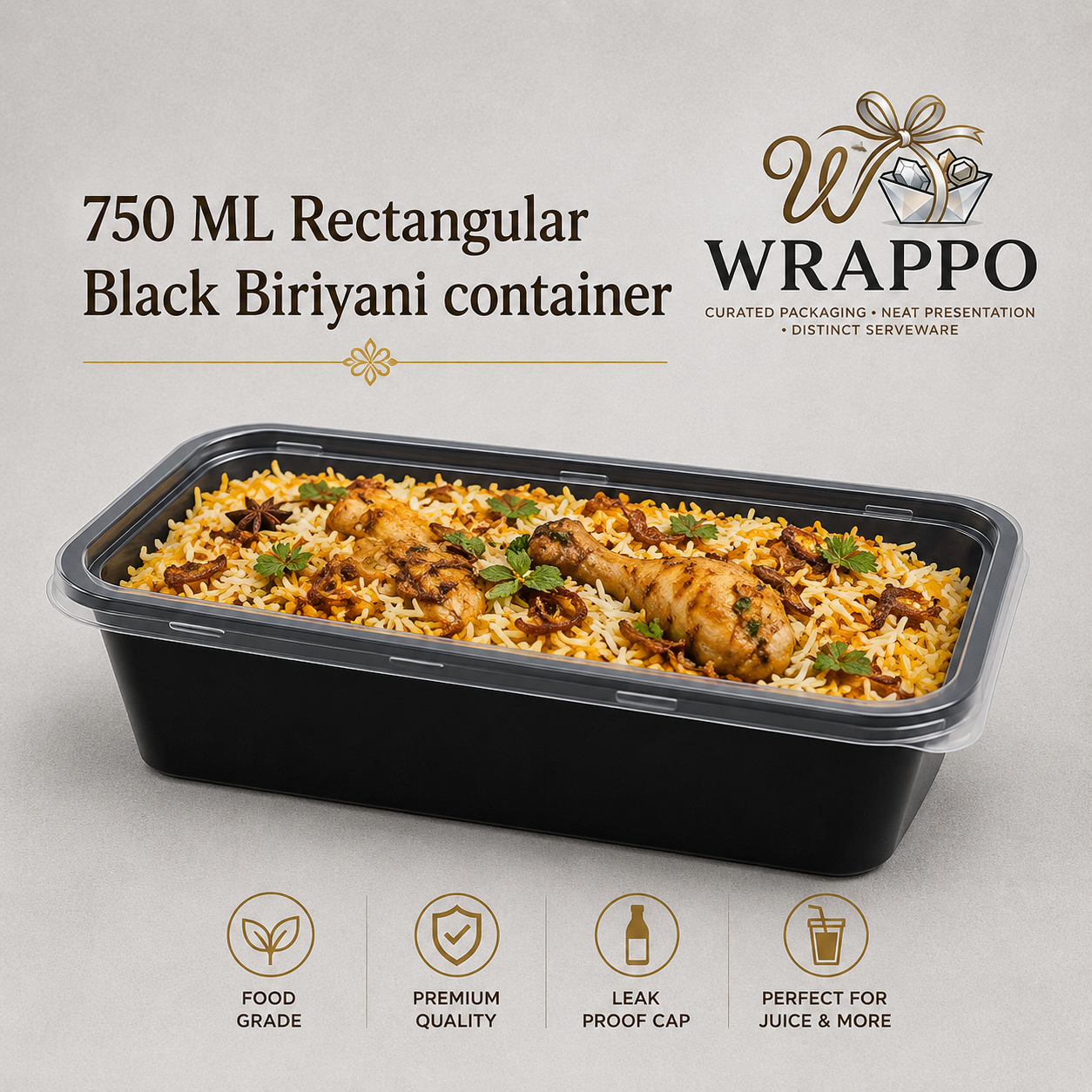 750 ML Rectangular Black Briyani Container